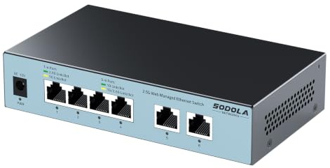 SODOLA 6 Port 10Gb Web Managed Switch, 2x10G RJ45 & 4x2.5G RI45 | Metal Casing, Fanless, 60Gbps Switching Capacity, Supports LACP/QoS/VLAN/IGMP, Lightning Protection, for 2.5G/10G NAS, PC, AP