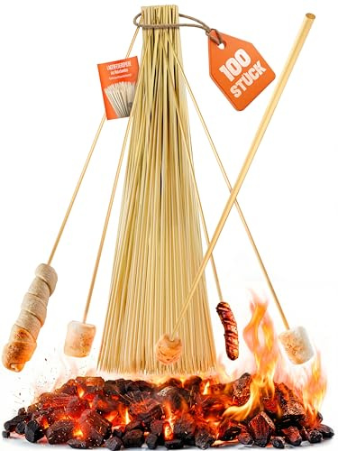 Stockbrot Spieße Lagerfeuer 90cm - 100 Marshmallow Spieße Holz Lang, Grillspieße Bambus für Stockbrot Stöcke, Feuerschale Zubehör, Smores Kit mit Rezeptheft - 6mm Ø Stäbe