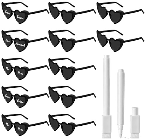 Coicok 12 Stück Brillen Herz Sonnenbrille mit 2 Stiften, Sonnenbrille Hochzeit für Frauen und Männer, Sonnenbrillen jga Herzsonnenbrillen Set für Party Karneval und Partygeschenke