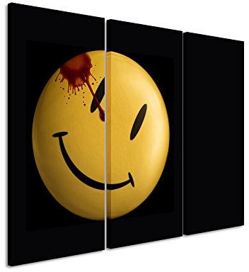 Leinwandbild 3 teilig Watchmen_Smiley_3x90x40cm (Gesamt 120x90cm) _Ausführung schöner Kunstdruck auf echter Leinwand als Wandbild auf Keilrahmen