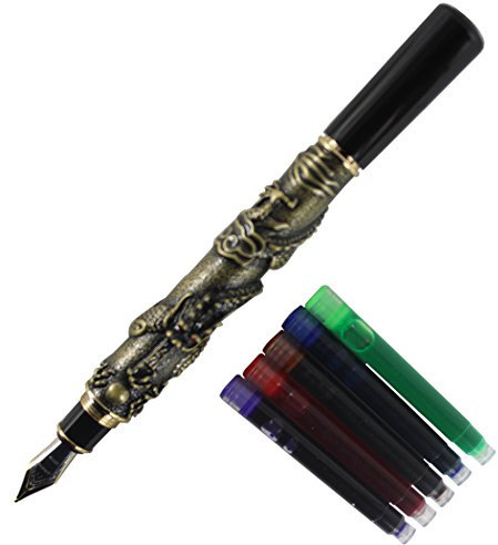 Gullor Chinese Dragon Antique Silver Basso-Relievo Fountain Pen Original Gift Box Pen Pouch Ink Cartridges Set - Cinnamon
