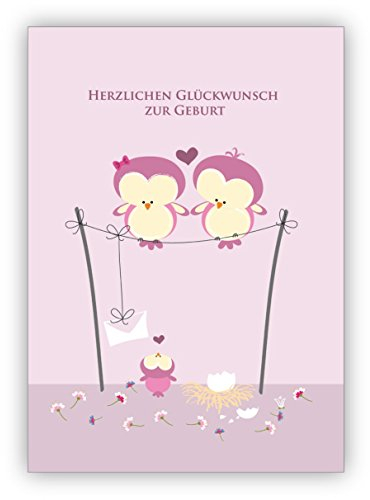 Kartenkaufrausch Im Set (4Stk) Rosa Babykarte mit Eulen Eltern und Baby zur Geburt: Herzlichen Glückwunsch zur Geburt liebevolle Willkommens Grusskarte zur Geburt für Mutter und Kind