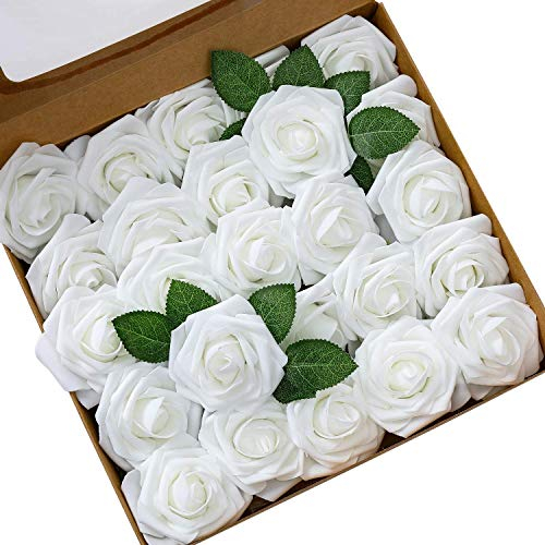 Ksnnrsng Rosa Rosse Artificiali, Fiori Artificiali Schiuma Teste di Rose Finti per DIY Matrimoni Mazzi Nuziale Festa Casa Decorazioni (25 Pezzi, Bianca)