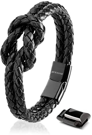 SERASAR Damen Armband Leder Schwarz 20cm - Frauen Echt Schmuck Schachtel Knoten Armkette Freundin Schwester Mädchen Partner Geschenke Pärchen Paar Mama Geschenkidee für Sie