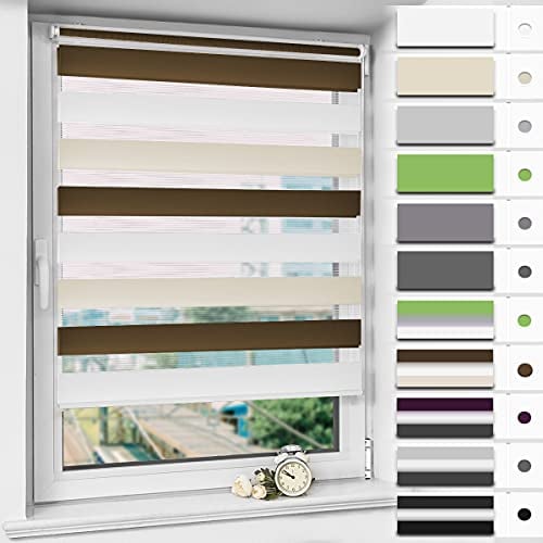 Magiea Doppelrollo Klemmfix ohne Bohren & mit Bohren, Weiß-beige-braun B85 x H120 cm Stoffbreite 81 cm, Klemmrollo lichtdurchlässig und Blickdicht, Fensterrollo Sonnenschutzrollo für Fenster