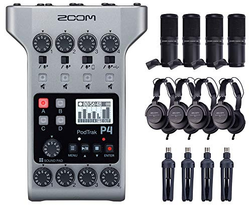 Zoom PodTrak P4 Portable Multitrack Podcast Recorder Bundle with 4X Zoom ZDM-1 Podcast Pack