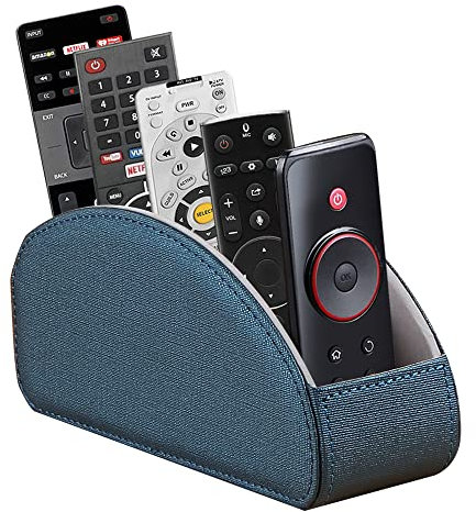 Arniche Laikesj Leather Remote Control Holder,TV Remote Caddy with 5 Compartments,Desktop Organizer,for Store TV,DVD,Blu-Ray,Media Player,Heater Controllers(Blue)