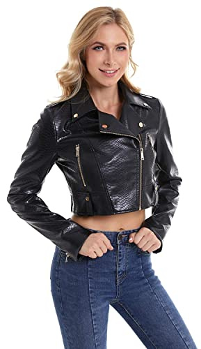 DIASHINY Giacca corta in pelle di serpente sintetica nera per donna Giacca da motociclista corta con zip in PU con cerniera 050 L