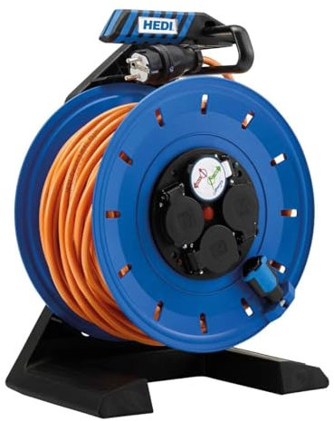 HEDI K750QTF Vollkunststoff Kabeltrommel „Generation 7“ | 50 m Kabellänge | HEDI Panzerkabel Plus | Diagnosesystem DiagS und Thermoschutzschalter | Geeignet für Bau- und Montagestellen