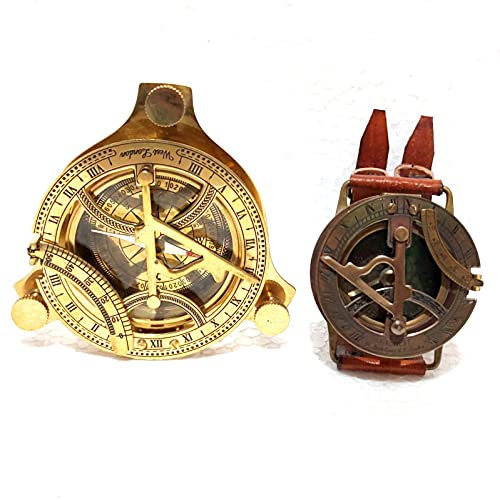 2 braune antike & goldene Sandale Kompass 4 Zoll Hand Uhr 2.05 Zoll Antik Steampunk Handgelenk Messing Kompass & Sonnenuhr Hand Uhr Nautischer Kompass/Weihnachtstag Geschenk/Geburtstagsgeschenk