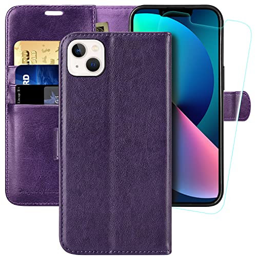 MONASAY Wallet Case for iPhone 13 Mini 5G,5.4-inch[Glass Screen Protector Included] [RFID Blocking] Flip Folio Leather Cell Phone Cover with Credit Card Holder,Purple
