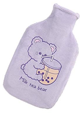 Aeromdale Hot Water Bottle with Cover Mik Tea Pattern 1000ml Rubber Hot Water Bag for Pain Relief Hand Feet Warmer Gift for Women Girls - # B - 1 Pc