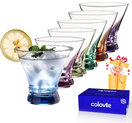 ColoVie Lot de 6 verres à martini – Verres à cocktail – 237 ml – Verre à margarita sans pied, bar, dessert – Verres à liqueur colorés – Cosmo, Manhattan, Espresso Martini – Cadeau de cocktail pour