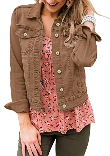 Roskiky Womens Jean Jacket Fitted Summer Jacket Women Denim Jacket Womens Brown Jean Jacket Womens Clothes Brown Size Medium fits Size 12 to Size 14