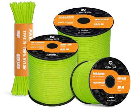 Abma Cord Paracord 550 4mm 100M 100% Nylon Seil Typ III Schnur mit 7 Kern für Basteln, Camping, Survival, Outdoor - Max. 250kg (550lbs) - Neon Grün
