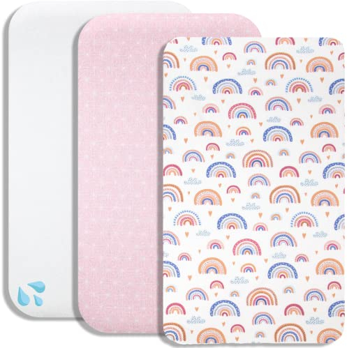 Lovely Hippo 2X Spannbettlaken 83x50cm 100% Baumwolle + 1X Matratzenschoner 100% wasserdichtem Material - Set 3X - Kompatibel Chicco, Kinderkraft (Regenbogenfarben, 50 x 83 cm)