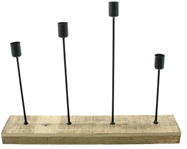 FRANK FLECHTWAREN Stabkerzenhalter Pure Rustic, Mattschwarz lackiertes Metall, Sockel recyceltes Holz, Maße: 36 x 8 x 30 cm, passend für Stabkerzen max. Ø 2,1 cm, einfache Selbstmontage