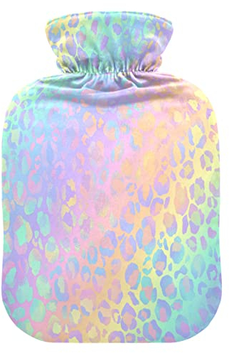 Mnsruu Rainbow Leopard Print Rose Gold Cheetah Hot Water Bottle with Velvet Cover, 1L Transparent Hot Water Bag for Hand Foot Warmer Pain Relief Hot Cold Therapy Cramps