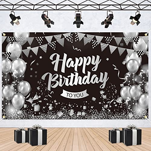 Schwarz Silber Geburtstagbanner, Happy Birthday Banner, Silberne Geburtstagsdekoration Banner, Extra Großes Schwarz Silber Happy Birthday Backdrop für Männer Frauen Drinnen Draußen Party Hintergrund