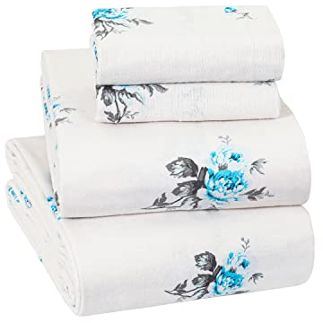 Sleepdown Flanell-Bettwäsche-Set, 100% Baumwolle, 160 g/m², blaues Blumenmuster, vollflächig
