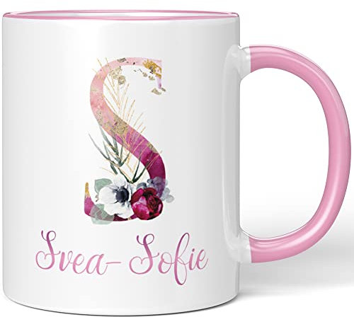 JUNIWORDS Tasse, Svea-Sofie, Name Anfangsbuchstabe Initial Alphabet Floral Buchstabe S Monogramm Motiv, Rosa (5544522)