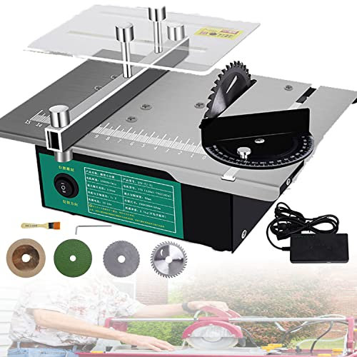 LINTAIZUO Mini Table Saw Portable Precision Table Saws for Crafts, Adjustable Cut Depth, 4 Blades, 180W Adjustable Speed Power Supply, for Wood Metal Plastic Cutting