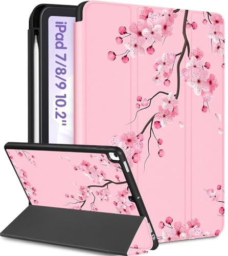 Uppuppy Funda para iPad de 9ª/8ª/7ª generación de 10.2 pulgadas para niñas lindas mujeres Folio Smart Cover portalápices diseño estético flores rosas fundas únicas para iPad 7/8/9 Gen A2602 A2270