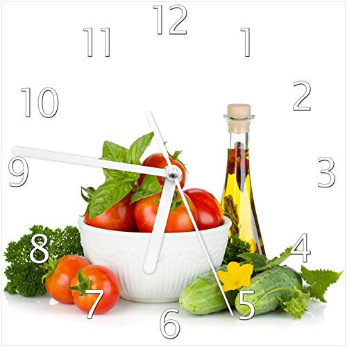 Wallario Design-Wanduhr Frische Salatzutaten mit Kräuter-Öl - Tomaten, Gurke, Petersilie aus Glas, Motiv-Uhr Größe 20 x 20 cm, weiße Zeiger