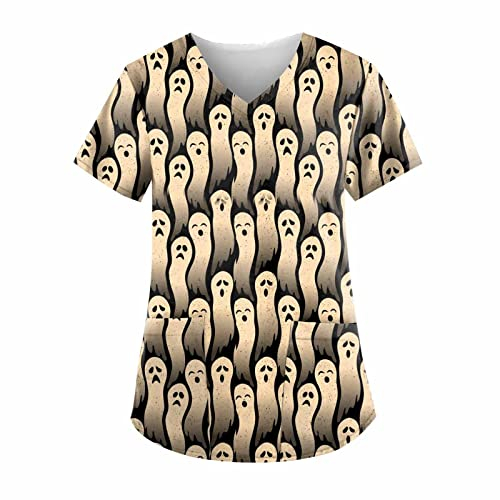 Scrubs Weiblich Mit Taschen Scrubs Polyester Gummizug Neuheit Kurzärmliges Running Bluse Women's Sommer Cat A-Linie Tailliertes V-Ausschnitt Gelb