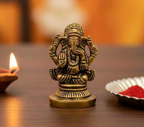 ESPLANADE Brass Ganesha Idol for Car Dashboard God Idol - 2 Inches Ganesha Murti for Desk Decor, Ganapati Statue, Ganapathi Sculpture | Antique Decor Item | Home Decor Gift Showpieces
