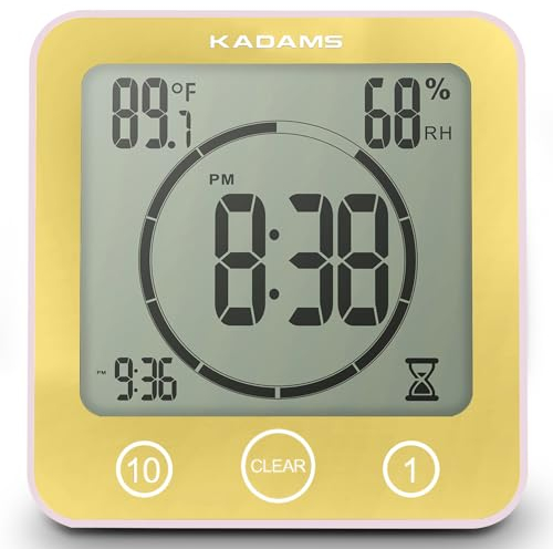 KADAMS Shower Clock Waterproof Bathroom Timer – Digital Wall Clock with Countdown, Magnetic Kitchen Clock with Temperature & Humidity, Suction Cup for Kids Shower Spa Sauna Cook Bath (Yellow)