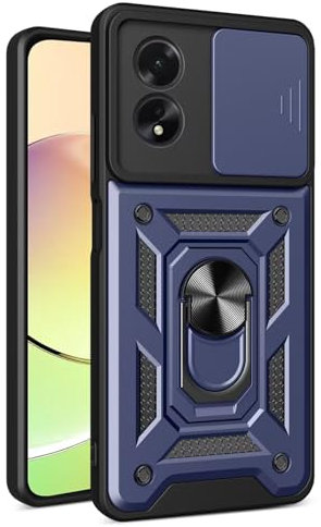 EASSGU Armour Coque for Oppo A18 / Oppo A38 (6.56 inches), Hard PC Silicone Anneau Stand Mobile Étui with Magnetic Base - Bleu