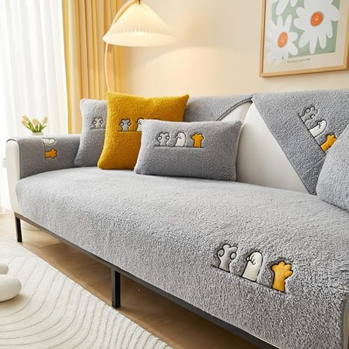Neue weiche Sofa Kissenbezüge - Rutschfeste Sofaabdeckungen 1 2 3 4 Sitzer Couchabdeckungen, Warme Plüsch Kunstpelz Berber Fleece Ecke Sofa Kissen Abdeckung L Form Möbelschutz (Grau 90x180)