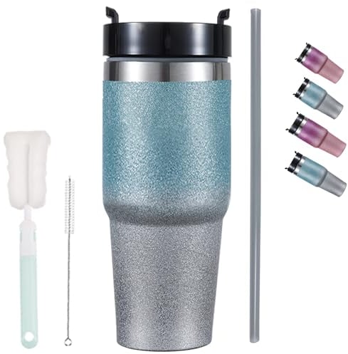 XIXIAMI Tumbler Mug 900ml-30 Oz Vacuum Insulated Coffee Cup with Lid & Straw Glittery Thermal Travel Mug for Iced Or Hot Coffee Stainless Steel Reusable Thermos Cup BPA Free|Blue-Silver