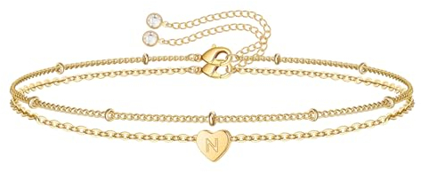 TINGN Armband Damen Gold, 14K Gefülltes Layered Herz Initiale Buchstaben N Personalisiertes Charm Armband für Damen Teenager Mädchen Schmuck Geschenke