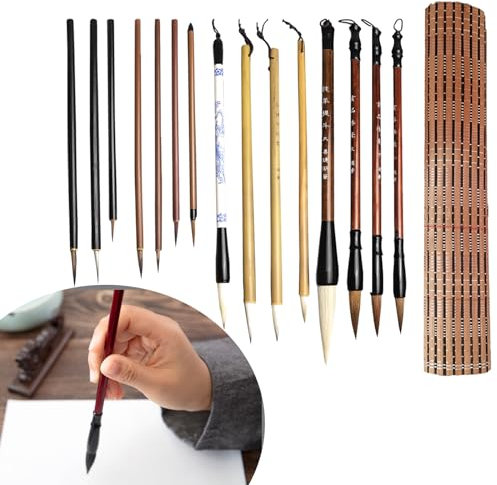 CDIYTOOL Lot de 15 pinceaux de calligraphie chinoise Kanji en poils de loup de tailles mixtes pour art japonais Burshes, pinceaux à encre chinoise, pinceaux à dessin aquarelle avec sac à pinceaux pour