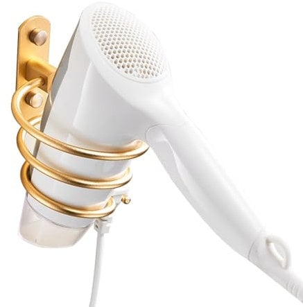 Blow Dryer Holder Wall Mounted Bathroom Hair Dryer Hanger Hair Tool Organizer for Full Size Dryer Swivel Storage Rack with Armrests for Flat Iron Curling Iron Space Saving Design (Gold)