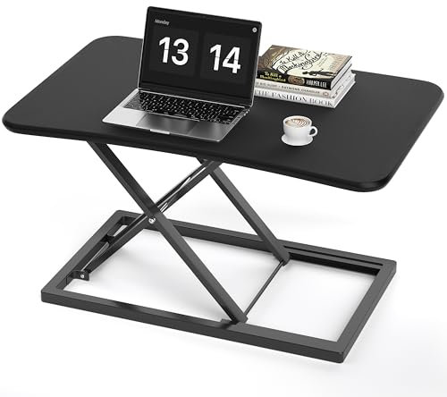 OUUTMEE 1 Tier Standing Desk Converter, Height Adjustable X-Frame desk Riser, Sit to Stand Desk Converter Computer Workstation for Table Laptops Monitors (Black)