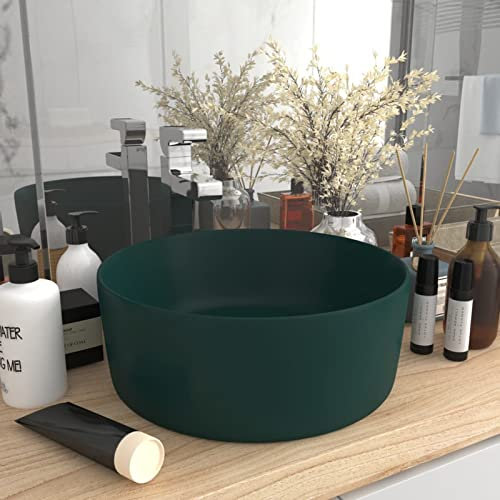 Lavabo de lujo, LAPOOH Lavabo Sobre Encimera, Lavamanos Para Baños, Lavabo Baño, Mueble Lavabo, Muebles De Baño, redondo cerámica verde oscuro mate 40x15 cm