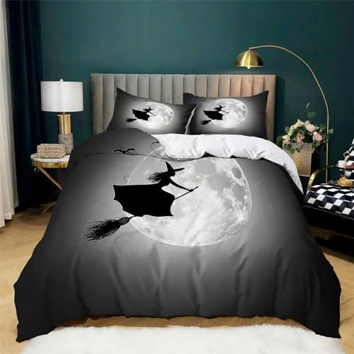 Witch Flying On Broomstick Design Duvet Cover Set - King Size, Moon Gray Background Print Duvet Cover, Microfiber Breathable Duvet Cover, Boys Girl/Kids Cooling Bedding with Pillowcases (3 Pieces)
