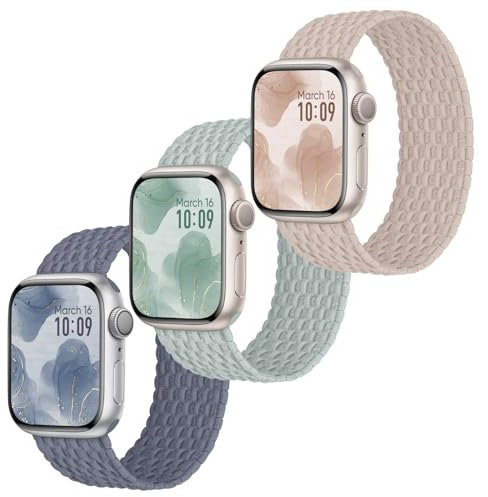Raradev 3 pulseras trenzadas compatibles con Apple Watch, 41 mm, 40 mm, 38 mm, banda elástica de nailon Solo Loop Sport pulseras para iWatch Series 9 8 7 6 5 4 3 2 1 SE