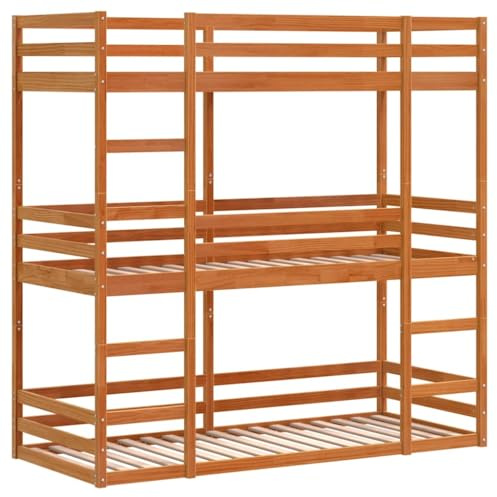 vidaXL Dreifach Etagenbett, Kinderbett ohne Matratze mit Rausfallschutz Leiter, Bettgestell mit Lattenrost, Bett Stockbett Holzbett, Wachsbraun 90x190cm Massivholz Kiefer