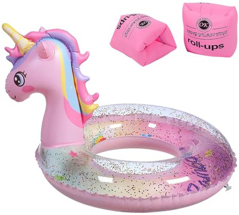 JSTHHTT Aufblasbare Einhorn Pool Float mit Glitzern, Aufblasbarer Schwimmring für Kinder, Spaß Strand Floaties und 2 Schwimmflügel, für Sommer Party