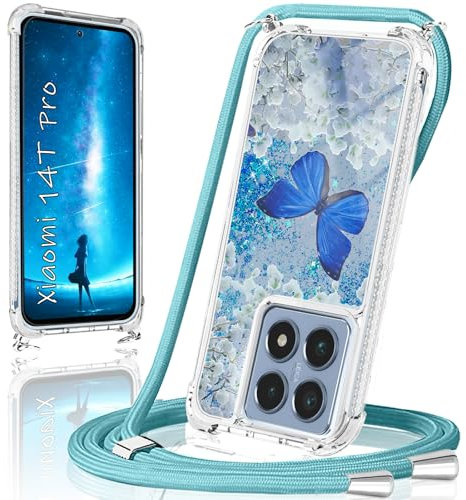 Funda para Xiaomi 14T Pro con Cuerda, Liquida Fundas para Xiaomi 14T Pro con Colgante Ajustable Collar Carcasa Transparente Silicona TPU Antigolpes Protector Case Brillante Xiaomi 14T Pro Funda