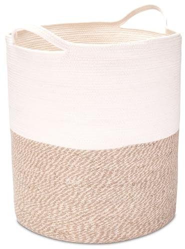 Decorasian Wäschekorb aus Jute und Baumwolle – Wäschesack groß und rund – großer Wäschesammler mit Griffen – Laundry Basket für Kinder - Größe D=45cm - XL