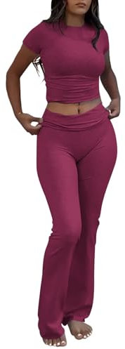 YETOWA 2-teiliges Lounge-Outfit für Damen, schmal, kurzärmelig, niedrige Taille, ausgestelltes Leggings-Set, Yoga-Sweatanzug, Fuchsia Kurzarm Set, XL