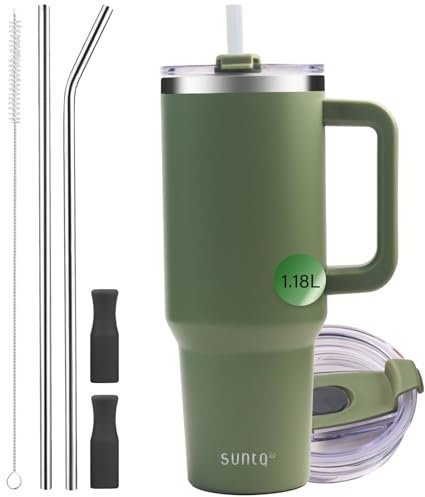 SUNTQ 1180 ml - Tasse avec poignée - Bouteille d'eau isotherme à double paroi sous vide - Avec paille et couvercle - En acier inoxydable - Pour boissons - Convient pour porte-gobelet (moss)
