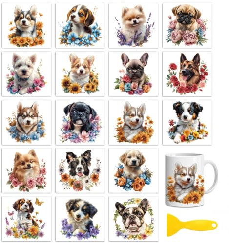 Peacoblue 18 Sheets Rub on Transfers for Crafts,18 Sheets 3.9 x 3.6 Inch Watercolor Decals Transfer Stickers Dog and Flowers Tropical for DIY Glass Cup