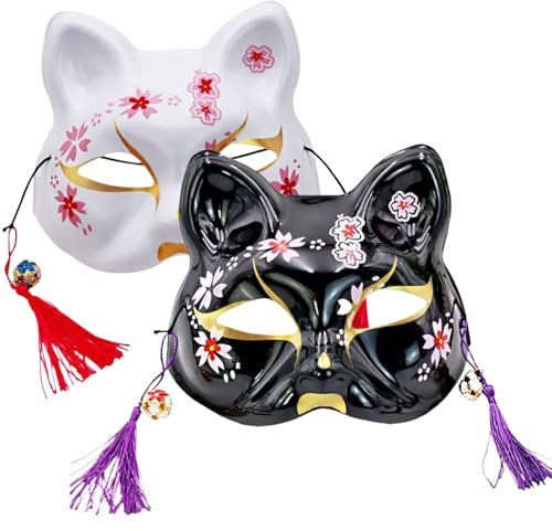 Csafyrt 2pcs Cat masque Style japonais Kabuki Halloween Mask, 7.3x6.9 PVC Malf Face Cat avec des glands et des cloches Anime d'habillage blanc pour Halloween Cosplay Masquerade Party