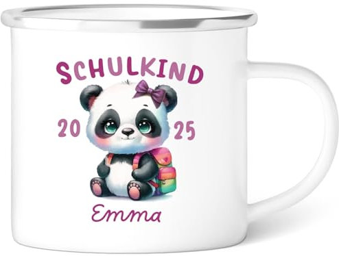 GRAVURZEILE Emaille Tasse für Kinder - Schulkind Panda Rosa - Personalisiert mit Namen - versch. Motive - 300 ml - Trinkbecher für Kinder - Geschenk zur Einschulung für Jungen & Mädchen